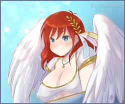 angel angel_wings angelic blue_eyes blush chubby cute embarrassed feathers gold_trim holy image laurel_crown laurel_wreath light-skinned_female light_skin necklace nipple_bulge pout red_hair ripped_clothing sierra_(ramzkun) spicemallow tagme torn_clothes white_clothing