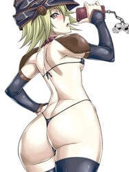 arms_up ass ass_focus back bangs bare_back behind behind_view big_ass bikini bikini_bottom bikini_bra bikini_top black_legwear blonde_hair blush breasts cellphone dat_ass female gagaga_girl hajime_shindo hands_on_own_hips holding holding_cellphone holding_object holding_phone keychain looking_at_viewer looking_back looking_back_at_viewer magician_hat medium_breasts open_mouth panties pink_eyes short_hair shoulder_pads spiky_hair thick_thighs thighhighs thighs thong tongue white_background wide_hips yu-gi-oh! yu-gi-oh!_zexal yuu-gi-ou yuu-gi-ou_zexal