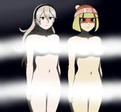 2girls arms_(game) bad_censor blonde_hair bob_cut breasts completely_nude corrin_(fire_emblem) corrin_(fire_emblem)_(female) covered_nipples covering covering_breasts covering_crotch crossover empty_eyes female fire_emblem fire_emblem_fates hair_between_eyes long_hair medium_breasts min_min_(arms) mind_control multiple_girls naked nintendo nude nude_female sendy1992 skin_tone_difference