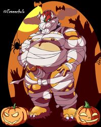 2021 absurd_res anthro balls belly bowser eeveecholo erection food fruit genitals halloween halloween_costume hi_res holidays humanoid_genitalia humanoid_hands humanoid_penis koopa male male_only mario_(series) moobs mummy_costume nintendo nipples overweight overweight_male penis plant pumpkin scalie solo video_games