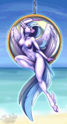 anthro ass avian beach breasts digital_drawing_(artwork) digital_media_(artwork) european_mythology exclusive feathers female friendship_is_magic greek_mythology hasbro hi_res hippogriff my_little_pony mythological_avian mythology nipples nude patreon_exclusive patreon_link pinup pose sea seaside silverstream_(mlp) solo solo_focus sunny_way text url water wings