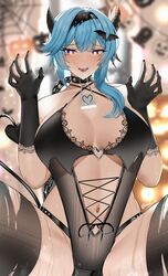 1girls blue_hair blush breasts choker cleavage corset demon demon_girl demon_horns demon_tail eula_(genshin_impact) female genshin_impact gloves halloween heart heart-shaped_pupils hi_res large_breasts leotard lock navel nvl revealing_clothes smile spread_legs succubus sweat thighhighs