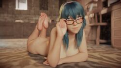 16:9 1girls 3d adjusting_eyewear adjusting_glasses ass barefoot bespectacled blender_(medium) blue_eyes blue_hair breasts byleth_(fire_emblem) byleth_(fire_emblem)_(female) cleavage completely_nude feet feet_up female female_only fire_emblem fire_emblem:_three_houses glasses highres j9006 light-skinned_female light_skin long_hair looking_at_viewer lying naked naked_glasses nintendo nude nude_female on_floor on_stomach prone soles solo teal_hair the_pose