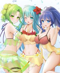 3girls :d ;d alternate_costume aqua_eyes aqua_hair bare_shoulders big_ass bikini blue_eyes blue_hair braid breasts circlet cleavage closed_mouth covered_navel cowboy_shot eirika_(fire_emblem) eirika_(summer)_(fire_emblem) female female_only fire_emblem fire_emblem:_the_sacred_stones fire_emblem_heroes flower green_eyes green_hair hair_flower hair_ornament highres jewelry l'arachel_(fire_emblem) l'arachel_(summer)_(fire_emblem) large_breasts long_hair medium_breasts mizumura_(midu_mura) multiple_girls navel necklace nintendo official_alternate_costume one-piece_swimsuit one_eye_closed open_mouth ponytail red_bikini red_swimsuit smile swimsuit tana_(fire_emblem) tana_(summer)_(fire_emblem) water white_bikini white_swimsuit yellow_bikini yellow_swimsuit