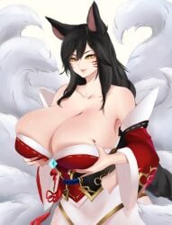 ahri animal_ears animal_girl animal_humanoid big_breasts black_hair breast_grab breast_hold breasts cleavage clothing facial_markings female female_only fluffy fluffy_ears fluffy_tails fox fox_ears fox_girl fox_humanoid fox_tail fox_tails fur furry_ears furry_tail grin huge_breasts humanoid kemonomimi large_breasts league_of_legends light-skined_female light_skin long_hair multi_tail nastart nine_tailed_fox riot_games seductive seductive_eyes seductive_look slit_pupils smile smiling solo tail vastaya video_games yellow_eyes