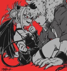 1boy 1boy1girl 1girls angry animal_ears bakugou_katsuki bat_girl bat_wings chain_leash chains claws collar demon_girl demon_horns eye_contact face_to_face female femdom halloween halloween_costume himiko_toga horns ikapnmn2 katsuki_bakugou leash leash_pull leotard male male/female my_hero_academia petite petite_body shounen_jump skimpy skimpy_clothes spiky_hair straight succubus tail thighs tight_clothing toga_himiko wolf_boy wolf_ears