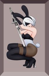 1girls breasts bunny_ears bunny_girl bunny_tail female female_focus female_only female_solo light-skinned_female looking_at_viewer mythro nier nier:_automata nier_(series) rabbit_tail short_hair solo solo_female thighs voluptuous weapon white_hair yorha_2b