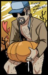 1boy ace_visconti beard bottomless cap cum cum_drool cum_in_pumpkin cum_in_pussy cum_inside dead_by_daylight fucking_pumpkin gray_hair hairy hairy_chest hairy_legs hairy_male heart holding_pumpkin jacket leaking male_only nipple no_pants pumpkin ring rings shirtless size_difference smile smirk sunglasses teeth text ultran3rd