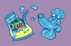 big_penis blue_body candy creature food food_creature huge_balls large_balls large_penis penis penis_out penis_tip purple_background screwroot small_but_hung smaller_male sour_patch_kids white_eyes