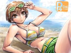 1girls amania_orz beach female female_only persona persona_4 satonaka_chie solo solo_female sunglasses_on_head tagme tomboy