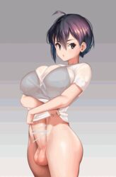 1futa ahoge autopaizuri autopaizuri_under_clothes balls big_breasts black_bra black_hair blue_eyes bottomless breasts casual casual_autopaizuri clothed clothing erection futa_only futanari huge_breasts huge_cock human hyper_penis light-skinned_futanari light_skin long_penis masturbation original pale_skin partially_clothed penis penis_under_clothes penis_under_shirt shirt shirt_lift shirt_pull short_hair solo standing very_short_hair yana_(nekoarashi)