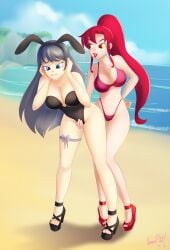 2girls beach bikini biting_lip black_swimsuit blue_eyes blue_hair breasts bunny_ears bunny_girl bunnysuit cleavage crossover embarrassed female female_only femdom fingering gainax glamourpink hand_between_legs hands_on_head high_heels humiliation long_hair multiple_girls peril red_bikini red_hair ribbon sakurajima_mai seaside seishun_buta_yarou_wa_bunny_girl_senpai_no_yume_wo_minai standing swimsuit teasing tengen_toppa_gurren_lagann thigh_ribbon yellow_eyes yoko_littner yuri