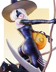 1girls ass breasts broom crab emil_(nier) female female_focus female_only light-skinned_female looking_at_viewer nier nier:_automata nier_(series) pod_(nier) pumpkin scythe short_hair solo solo_female thighs voluptuous white_hair witch_hat yoracrab yorha_2b