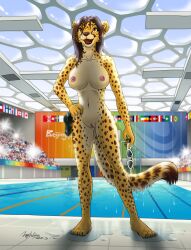 absurd_res anthro areola biped breasts by-sa cheetah claws creative_commons fahada felid feline female flag fur genitals group hair hi_res hyhlion mammal nipples nude olympics open_mouth open_smile public public_nudity pussy smile solo_focus swimming_pool wet wet_body wet_fur wet_hair whiskers