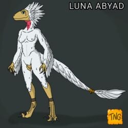 1girls anthro deinonychus dinosaur feathered_dinosaur feathers female female_only leg_bracelet luna_abyad_(tng) own_character raptor red_feathers ribbon ribbon_on_tail ring the_nameless_guy white_feathers