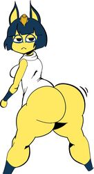 2020s 2021 animal_crossing ankha anthro ass blue_hair breasts furry nintendo thedomely thick_thighs thighs white_background yellow_fur