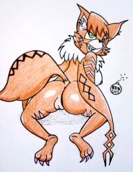 anthro ass bandai_namco breasts digimon digimon_(species) digimon_adventure_tri. felid feline female genitals green_eyes looking_back mammal meicrackmon meicrackmon_vicious_mode nude pussy reddragonkan solo traditional_media_(artwork)