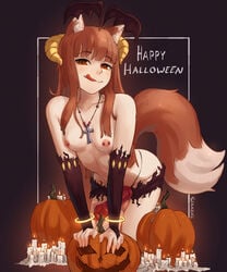 1futa animal_ears animal_genitalia animal_penis areolae big_penis breasts brown_hair canine_penis clothing cum erection fox_ears fox_girl fox_tail futa_only futanari halloween holo human_with_animal_genitalia humanoid kemonomimi knot licking_lips light-skinned_futanari light_skin long_hair nipple_piercing nipples nude pale_skin penis piercing precum seraziel small_breasts solo spice_and_wolf standing tongue tongue_out topless