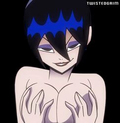 2d black_hair breasts death_(pearl_jam) death_(personification) do_the_evolution medium_hair monster_girl nude_female pearl_jam screencap smile tagme tape twistedgrim