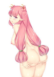 1girls ass ass_grab back back_view bangs bare_back bare_thighs breasts completely_nude fire_emblem fire_emblem_heroes large_ass large_breasts light_blush long_hair looking_at_viewer looking_back mirabilis_(fire_emblem) nabunabu nintendo nipples nude nude_female open_mouth pink_eyes pink_hair sideboob solo thighs twintails very_long_hair white_background