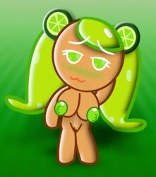 1girls :3 bad_anatomy bad_art bedroom_eyes big_breasts big_nipples blush cookie cookie_run food_creature green_eyes green_hair green_nipples lime_cookie looking_at_viewer nude pussy smile solo swollen_nipples twintails