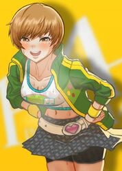 1girls abs belt bent_over big_breasts blush blushing blushing_at_viewer breasts brown_eyes brown_hair female female_focus female_only fit fit_female hands_on_hips heart jacket laskalon looking_at_viewer persona persona_4 persona_4:_dancing_all_night satonaka_chie short_hair shorts skirt smile smiling smiling_at_viewer spandex steam steaming_body steamy steamy_breath sweat sweatdrop sweaty tank_top tomboy very_short_hair