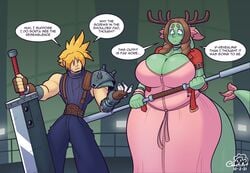 1boy 1girls aerith_gainsborough_(cosplay) anthro big_breasts blonde_hair breast_squish brown_hair cleavage cloud_strife cloud_strife_(cosplay) cobatsart dialogue dragon dragon_horns english_text female final_fantasy final_fantasy_vii freckles green_eyes hair_between_eyes herald_(cobat) hi_res horns human light_blush looking_down male maple_(cobat) speech_bubble staff sword tail thick_thighs tight_clothing twin_braids wide_hips