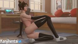 1girls 3d black_hair black_legwear black_stockings elbow_gloves female female_only gloves kanjihentai laptop latex latex_stockings looking_at_viewer mercy overwatch panties shiny shiny_clothes shoes sneakers solo stockings string_bikini string_panties watermark