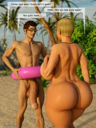 1boy 1girls 3d abs ace_(acesr) ace_(shiin) ass back_view backboob balls beach bent_penis big_ass big_balls big_breasts big_butt big_penis blonde blonde_female blonde_hair blue_eyes breasts broad_shoulders brown_eyes curvy curvy_figure dat_ass dialogue dimples_of_venus emma_hugaz english_text eyewear female floating_object glasses hips huge_ass huge_balls huge_breasts huge_cock inflatable large_ass large_breasts large_penis light-skinned_female light_skin male nipples outdoor outdoors outside sand shaved_pussy short_hair six_pack skinny skinny_male standing straight testicles thefoxxx thick_ass thick_legs thick_thighs url veiny_penis visor voluptuous watermark wide_hips