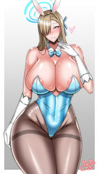 1girls areola_slip asuna_(blue_archive) asuna_(bunny)_(blue_archive) bare_shoulders barely_contained blonde_hair blue_archive blue_bodysuit blue_eyes bowtie breasts_out_of_clothes bunny_ears bunny_girl bunnysuit curvaceous curvy elbow_gloves grinning hair_ribbon heart huge_breasts mature_female milf mole_on_breast nipple_slip pantyhose plump plump_ass puni2brain skimpy skimpy_clothes smug thick_thighs thigh_gap voluptuous white_gloves