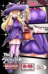 1boy 1girls 1pokemon ass big_breasts blonde_hair breasts cosplay doujin_cover female female_human feral game_freak halloween human interspecies lillie_(pokemon) lycanroc midnight_lycanroc minishorts mismagius_(cosplay) nintendo png pokemon pokemon_(cosplay) pokemon_sm pokephilia redradrebel shorts smile standing text thighs witch_hat