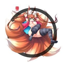 1girls animal_ears breasts brown_hair elquijote female fox_ears fox_tail green_eyes hanging_breasts highres large_breasts long_hair looking_at_viewer multi_tail multiple_tails nipples nude open_clothes open_shirt original plushmallow simple_background smile solo spread_legs striped striped_legwear tail thick_thighs thighhighs twintails white_background wristband