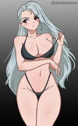 1girls bikini blush brown_eyes cleavage dark_background looking_away megami_tensei persona persona_5 sae_niijima shadertoons silver_hair taking_clothes_off taking_off_bra underwear undressing