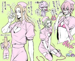 aaside argonavis_from_bang_dream! blonde_hair boob_window cleavage costume embarrassed green_hair gyaruo heart_window long_hair long_hair_male male_focus male_only micro_bikini muscular muscular_male nijou_kanata nurse nurse_cap nurse_clothing nurse_costume nurse_outfit nurse_uniform pink pink_hair sakaigawa_miyuki skinny skinny_boy wakakusa_aoi