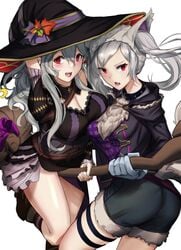 2021 2girls alternate_costume ass breasts broom broom_riding cleavage corrin_(female)_(halloween)_(fire_emblem) corrin_(fire_emblem) corrin_(fire_emblem)_(female) female female_only fire_emblem fire_emblem_awakening fire_emblem_fates fire_emblem_heroes gloves grey_hair grima_(fire_emblem) halloween halloween_costume hat highres ippers large_breasts long_hair looking_at_viewer medium_breasts medium_hair multiple_girls nintendo official_alternate_costume open_mouth red_eyes robin_(female)_(halloween)_(fire_emblem) robin_(fire_emblem) robin_(fire_emblem)_(female) shorts smile twintails white_background witch witch_hat wolf_girl