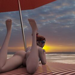 1girls 3d alternate_version_available ass beach big_ass big_butt blizzard_entertainment bottomless bottomless_female brown_eyes brown_hair d.va dat_ass fatterrocker feet female female_only glasses large_ass legs overwatch self_upload solo sunglasses tagme tinted_eyewear vagina