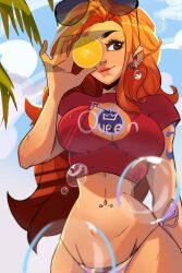 1girls arm_up big_breasts blush clothed clothing crop_top curvy eye_covered female female_focus female_only fit_female glasses jewelry large_breasts long_hair looking_at_viewer midriff midriff_baring_shirt nami nami_(one_piece) navel navel_piercing one_piece orange_eyes orange_hair panties piercing pimozzarella post-timeskip shounen_jump solo solo_female tattoo thick_thighs weather_queen wide_hips