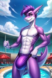 abs ai_generated bulge large_bulge muscular_male original_character owen_deepwater purple_hair purple_skin shark speedo swimming_pool