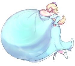 1girls belly_expansion belly_inflation big_breasts blonde_hair blue_dress breasts cleavage clothing dress fat female female_only huge_belly imcoffeecakes mario_(series) princess_rosalina simple_background solo white_background