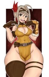 armor beatrice_(brown_dust) belt blonde_hair boob_window braid braided_hair brown_dust brown_dust_2 brown_gloves brown_hair feathers huge_thighs kyuudivine large_breasts loincloth narrow_waist nervous red_feathers skindentation thighs wide_hips