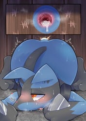 <3_eyes 2021 after_anal ambiguous_gender anus ass_up blue_body blue_fur blush bodily_fluids cum cum_in_ass cum_inside detailed_background drooling fur gaping gaping_anus genital_fluids glory_hole heart hi_res japanese_text lucario lying mommomma114 nintendo on_front penetration pokemon pokemon_(species) pokemon_only red_eyes saliva sex solo tears text video_games