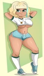 1girl 1girls 2020s 2024 arms_behind_head big_breasts blonde_hair breasts busty disney dolphin_shorts drawstring drawstring_bottomwear dudette female female_only freckles freckles_on_face front_view green_eyes happy hi_res jackie_lynn_thomas large_breasts legs legs_apart light-skinned_female light_skin looking_at_viewer moderate_tomboy navel navel_piercing pose posing seductive seductive_look seductive_smile sensual shiny_hair shiny_skin shirt shirt_lift short_hair short_hair_female shorts side_slit smile smirk smug sneakers socks solo solo_female sonson-sensei standing star_vs_the_forces_of_evil t-shirt teenage_girl teenager thick_thighs thighs tomboy two_tone_bottomwear two_tone_bottomwear_(blueandwhite) two_tone_footwear two_tone_footwear_(blueandwhite) two_tone_socks two_tone_socks_(greenandwhite) two_tone_topwear two_tone_topwear_(greenandwhite) underboob voluptuous western_art western_cartoon