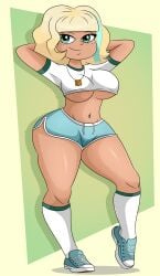 1girl 1girls 2020s 2024 aged_up arms_behind_head big_breasts blonde_hair breasts busty disney disney_channel disney_xd dolphin_shorts drawstring drawstring_bottomwear dudette female female_only freckles freckles_on_face front_view green_eyes gym_uniform happy hi_res jackie_lynn_thomas large_breasts legs legs_apart light-skinned_female light_skin looking_at_viewer moderate_tomboy navel navel_piercing pose posing seductive seductive_look seductive_smile sensual shiny_hair shiny_skin shirt shirt_lift short_hair short_hair_female shorts side_slit smile smirk smug sneakers socks solo solo_female sonson-sensei standing star_vs_the_forces_of_evil t-shirt tan-skinned_female teenage_girl teenager thick_thighs thighs tomboy two_tone_bottomwear two_tone_bottomwear_(blueandwhite) two_tone_footwear two_tone_footwear_(blueandwhite) two_tone_socks two_tone_socks_(greenandwhite) two_tone_topwear two_tone_topwear_(greenandwhite) underboob voluptuous western_art western_cartoon white_female