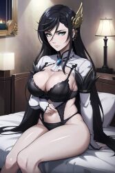 ai_generated bed bedroom bedroom_sex black_bra black_hair black_panties bra brunhild_(shuumatsu_no_valkyrie) female female_focus female_only green_eyes hair_between_eyes hair_ornament head_tilt imminent_rape imminent_sex looking_at_viewer looking_up lying_on_back lying_on_bed naughty_face partially_clothed partially_nude seductive seductive_eyes seductive_look seductive_mouth seductive_pose shuumatsu_no_valkyrie sleeping solo solo_female solo_focus stable_diffusion thick_thighs thighs