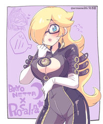 1girls 2021 bayonetta bayonetta_(cosplay) big_breasts blonde_hair blue_eyes blush breasts cleavage cleavage_cutout cosplay crossover eromame female female_only fully_clothed glasses hair_over_one_eye looking_at_viewer mario_(series) nintendo princess_rosalina solo standing tagme