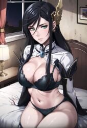 ai_generated bed bedroom bedroom_sex black_bra black_hair black_panties bra brunhild_(shuumatsu_no_valkyrie) female female_focus female_only green_eyes hair_between_eyes hair_ornament head_tilt imminent_rape imminent_sex looking_at_viewer looking_up lying_on_back lying_on_bed naughty_face partially_clothed partially_nude seductive seductive_eyes seductive_look seductive_mouth seductive_pose shuumatsu_no_valkyrie sleeping solo solo_female solo_focus stable_diffusion