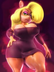 1girls 3d animal_ears anthro bandicoot big_breasts bimbo blonde_hair breasts crash_(series) crash_bandicoot_(series) dress erect_nipples eyeshadow female female_only green_eyes hair half-closed_eyes hand_on_hip hips huge_breasts long_hair nipple_bulge nipples_visible_through_clothing pink_eyeshadow sala3d short_dress solo solo_female tawna_bandicoot thick_thighs thighs tight_dress wide_hips