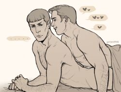 2boys after_sex aftercare annoyed_expression boyfriends couple duo from_behind gay james_t._kirk love loving male male_only nude old_man old_man_yaoi older_male spock star_trek stern_expression suggestive suggestive_pose talking talking_to_another talking_to_partner