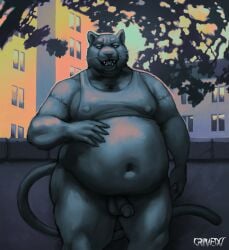 2024 5_fingers anthro balls belly big_belly bottomless building circumcised city city_background clothed clothing crimetxt digital_media_(artwork) digital_painting_(artwork) felid fingers fur genitals hi_res humanoid_genitalia humanoid_hands humanoid_penis leaf looking_away male male_only mammal musclegut navel nipple_outline open_mouth outside overweight overweight_anthro overweight_male pantherine partially_clothed penis plant portrait smile solo standing tail tattoo teeth topwear tree