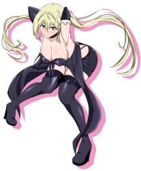 1girls armpits arms_behind_head bent_over big_breasts blonde_hair breasts busty cleavage dress female female_only highres large_breasts leaning_forward legs lieselotte_sherlock long_hair midriff no_bra pose posing purple_eyes sensual sexy_armpits shorts sideboob smile solo teasing thighs thong trinity_seven twintails voluptuous wardrobe_malfunction